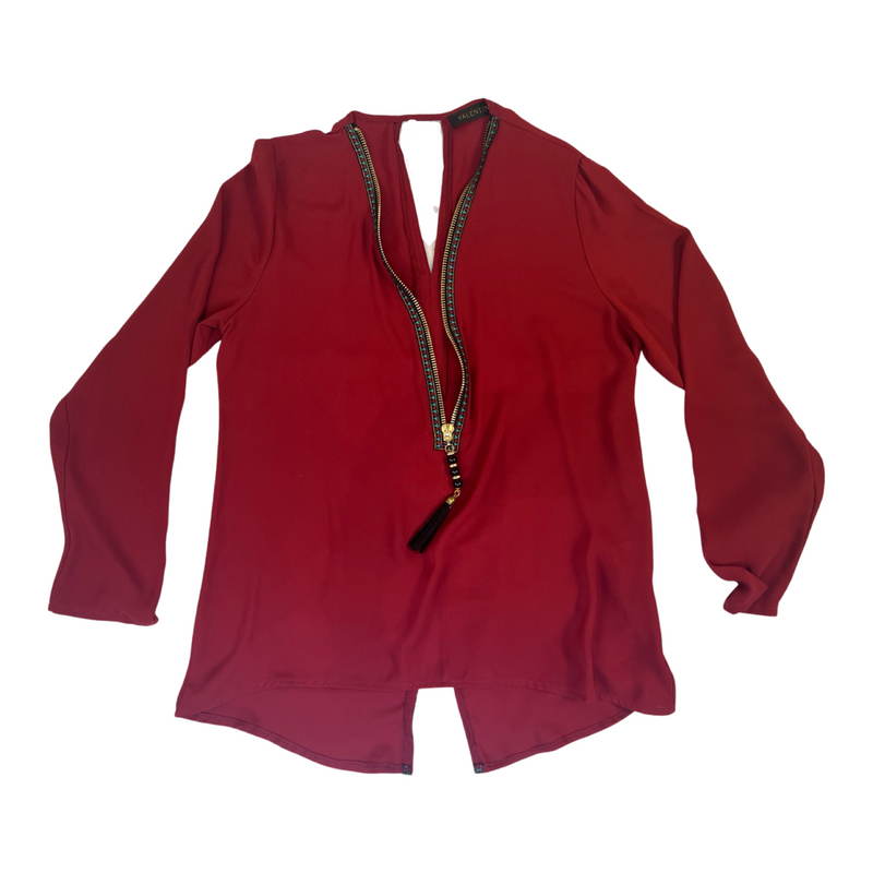 Valentino Red Crepe Top with Tassel Zip and Detailed Back - Size 40, Excellent Condition