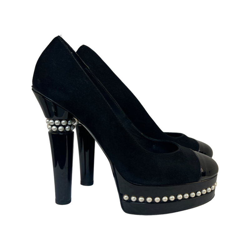 Chanel Suede Platform Shoes Stylish and Comfortable with Signature Patent and Pearl Detail 38.5