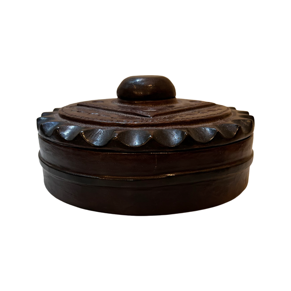 Stunning African Brown Leather Trinket Box Hand-Stretched and Intricately Designed