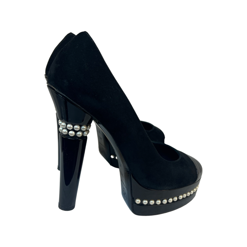 Chanel Suede Platform Shoes Stylish and Comfortable with Signature Patent and Pearl Detail 38.5