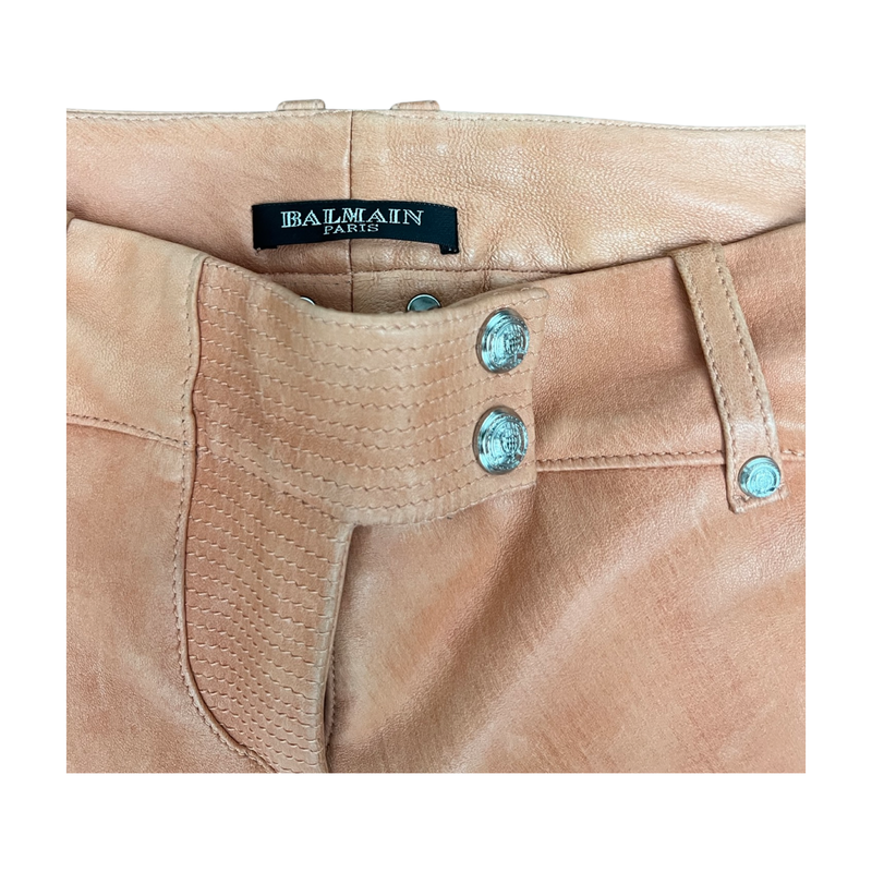 Balmain Woman’s Peach Leather Biker Jeans Runway Collection Signature Buttons Size 36