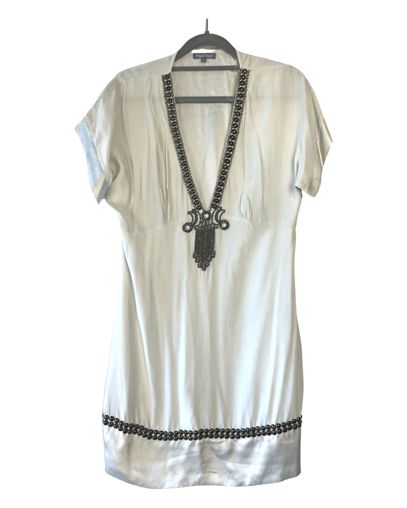 Gorgeous Magali Pascal Ivory Grey Silk Dress with Beaded Crystal Neckline Size Small