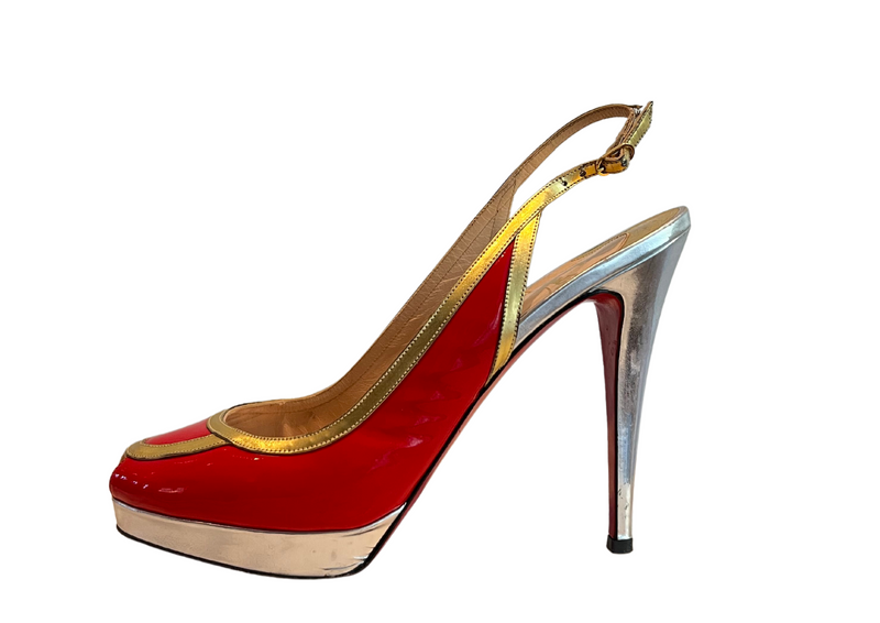 Gorgeous Christian Christian Louboutin Slingback Platform - Metallic Gold, Silver and Red Perfect for Any Occasion