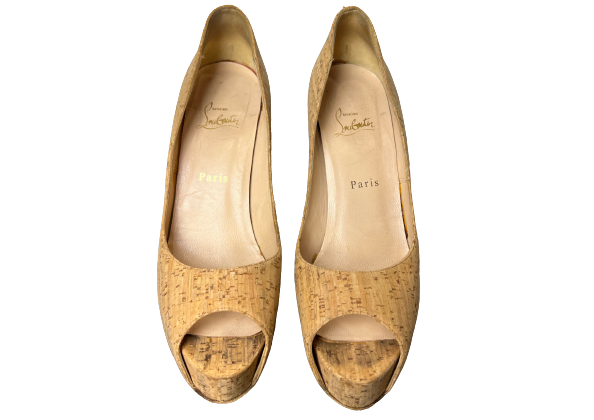 Christian Louboutin Natural Cork Peep Toe Platform High Heel Size 38.5