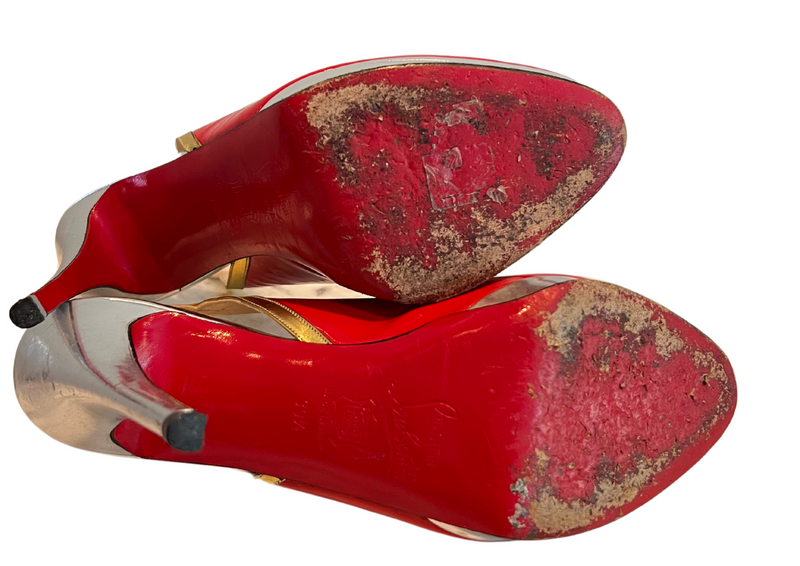 Gorgeous Christian Christian Louboutin Slingback Platform - Metallic Gold, Silver and Red Perfect for Any Occasion